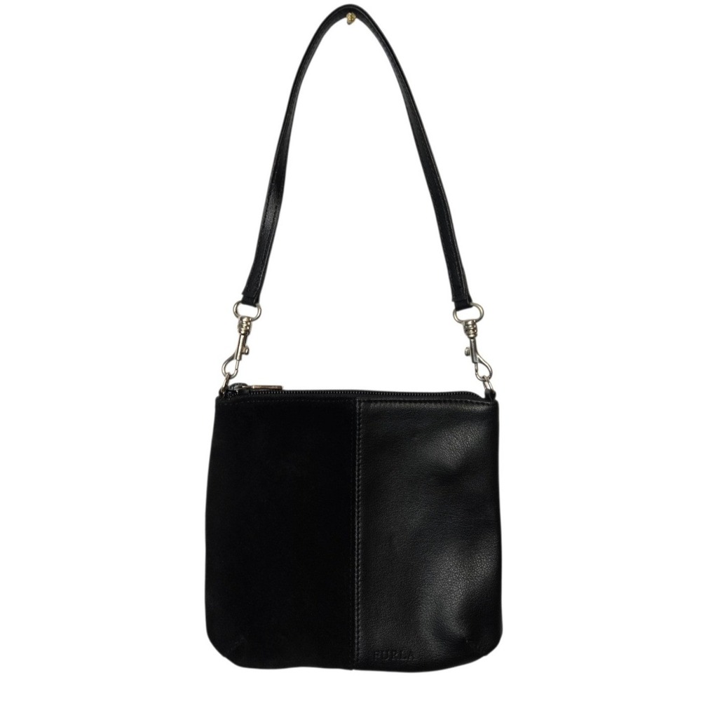 Furla Shoulder Bag Vtg Small Black Leather Suede Made in Italy Y2K Minimalist